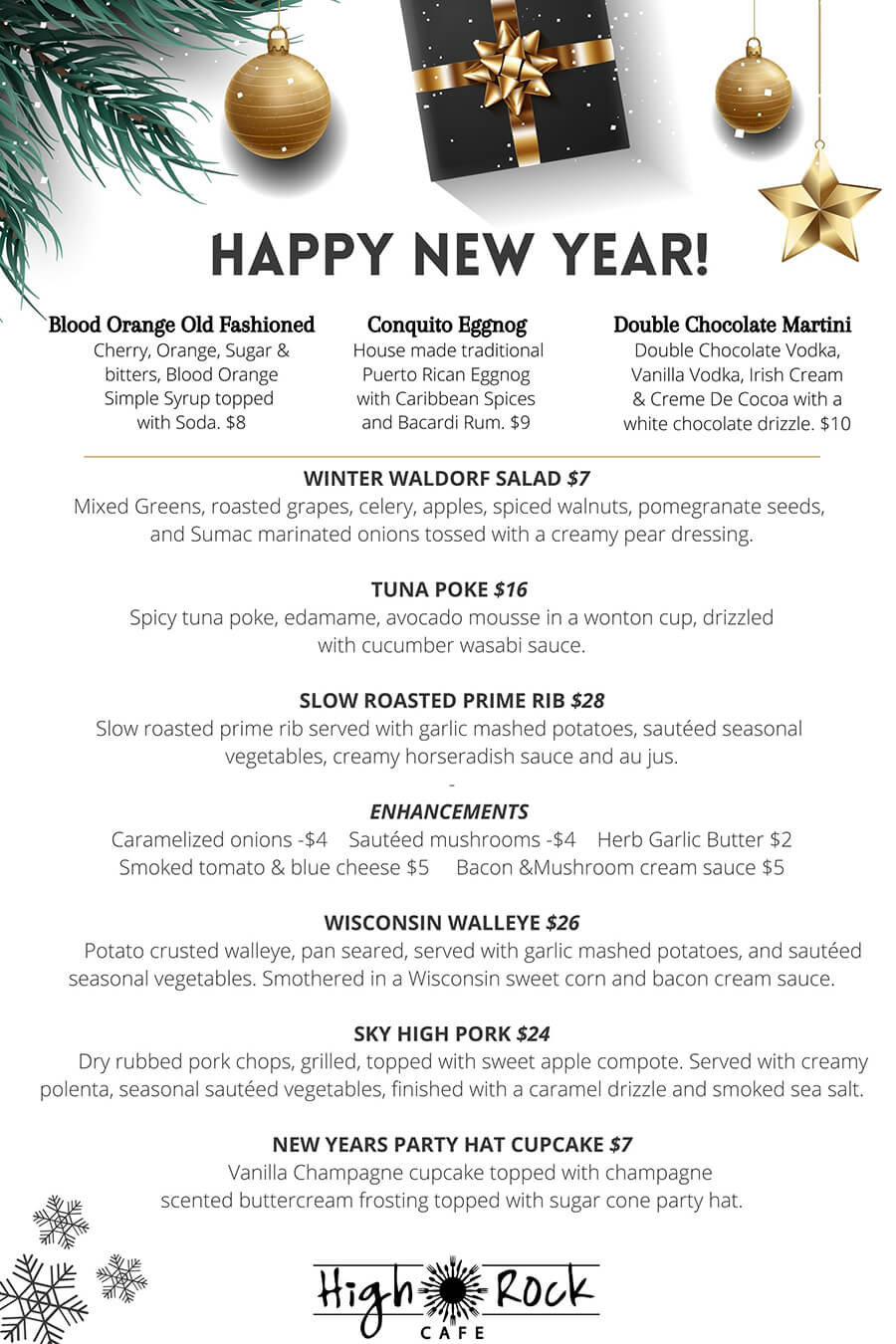 New Years Eve Menu Wisconsin Dells reataurant